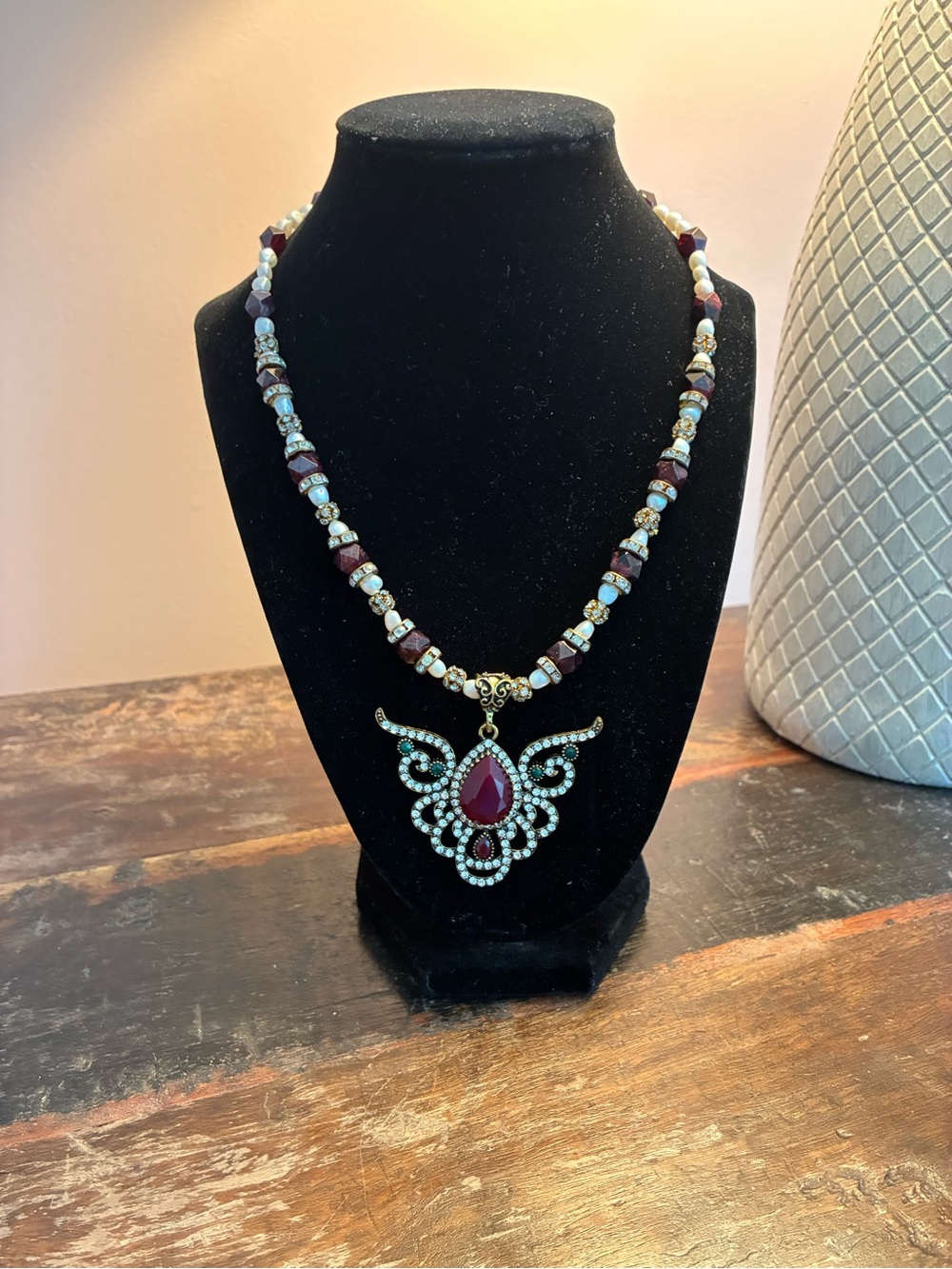Garnet & Freshwater Pearl Teardrop Pendant Necklace with Crystal Accents